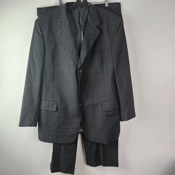 Jos A Bank Men 46R Gray Windowpane Plaid Signature‎ Wool Blazer Suit Pants